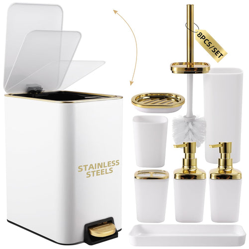 XLHOMO White Bathroom Accessories Set 8 Piece White and Gold Bathroom Set Bathroom Sets with Stainless Steel Trash CanToilet BrushToothbrush SetSoap Dispenser